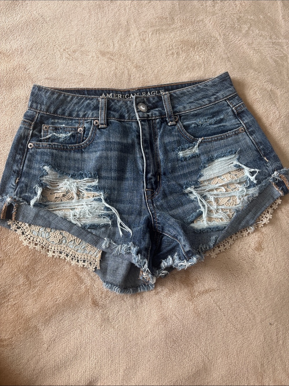 American Eagle Outfitters Dark Blue Distressed Denim Shorts with Lace Trim